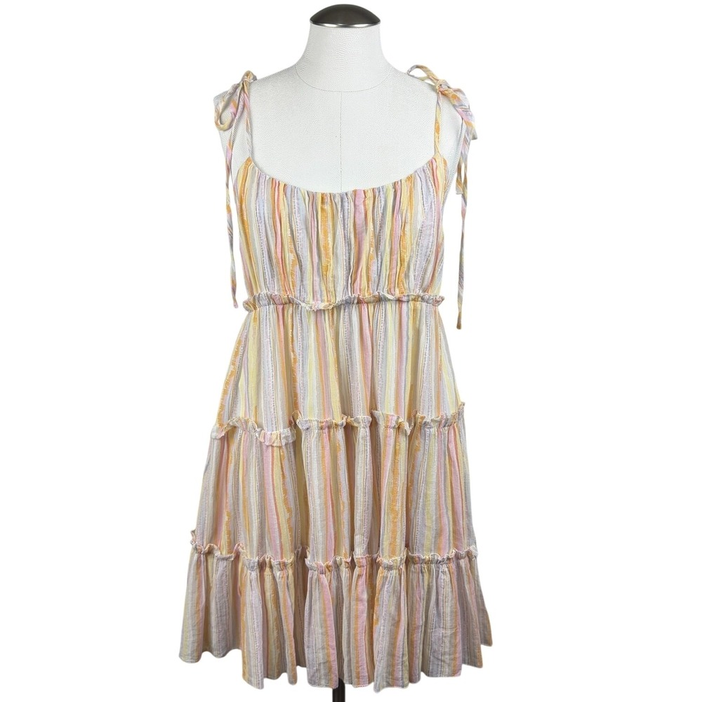 Sundays Women's Striped Tiered Dress S Tie Strap Sleeveless‎ Pastel Mini Summer